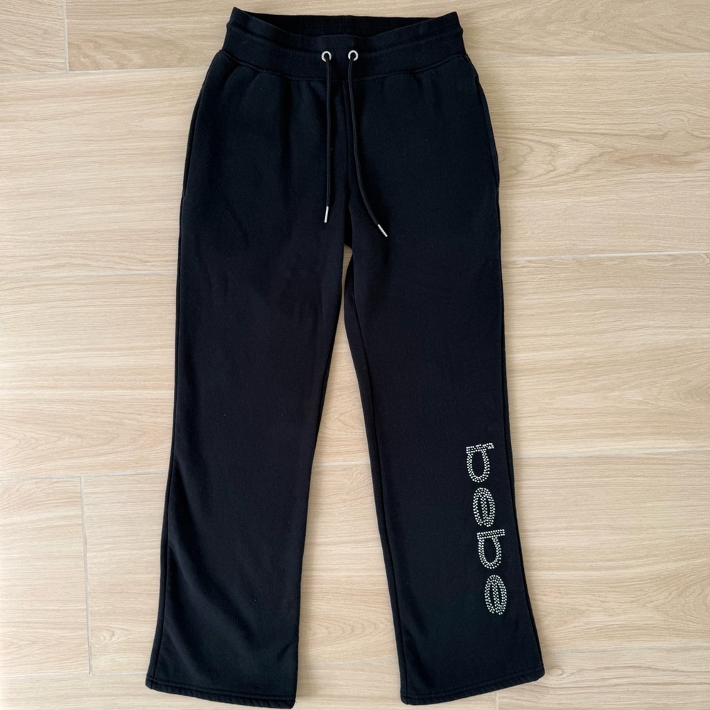 Bebe Y2K Rhinestone Logo Low Rise Flare Lounge Pants Black